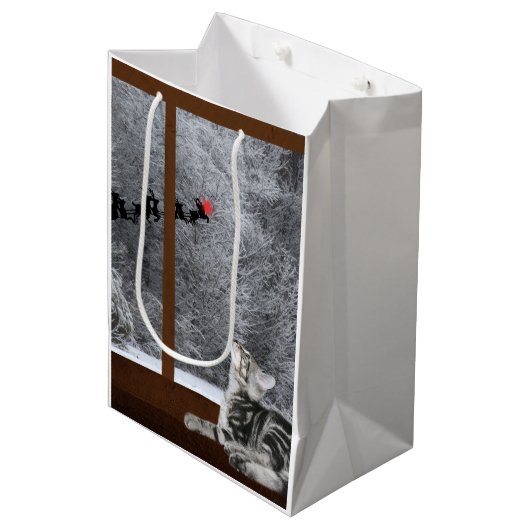 猫のクリスマスの赤い点のトナカイ ミディアムペーパーバッグ (正面アングル)