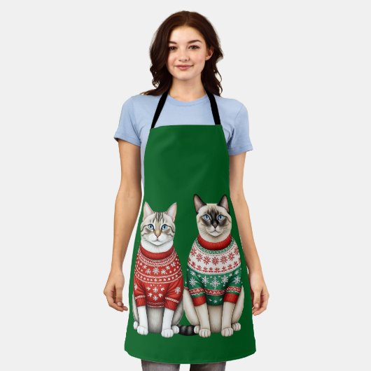 猫のクリスマスエプロン、虎猫、シャム猫 エプロン (着用した状態)