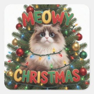 猫のクリスマスオーナメント 楽しいホリデーシーズン スクエアシール