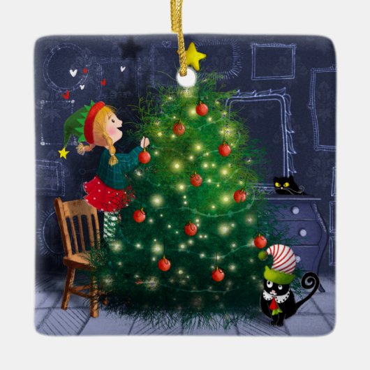 猫のクリスマスチャオス セラミックオーナメント (正面)