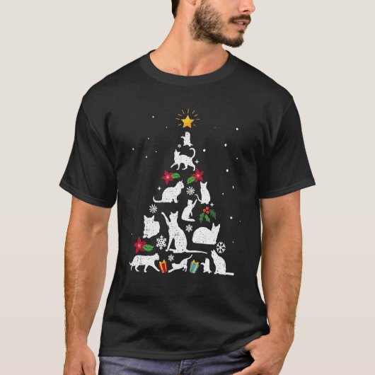 猫のクリスマスツリーTシャツ、男女兼用、大人用、黒 Tシャツ (正面)