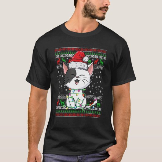 猫のクリスマス ダサいXmasライト サンタ帽子     女の子 Tシャツ (正面)
