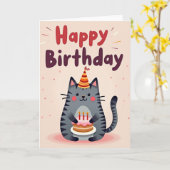 猫のケーキの誕生日カード カード (黄色い花)