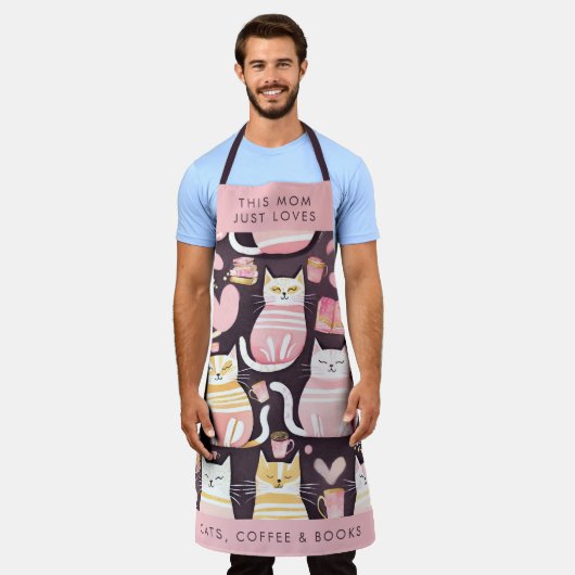 猫のコーヒーと本が大好きなお母さん エプロン (着用した状態)