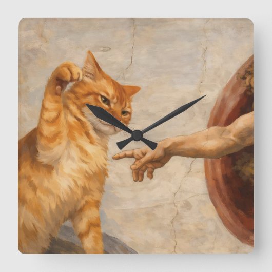 猫のサルカによるアダムの創造 猫の面白ミームアート スクエア壁時計 (正面)