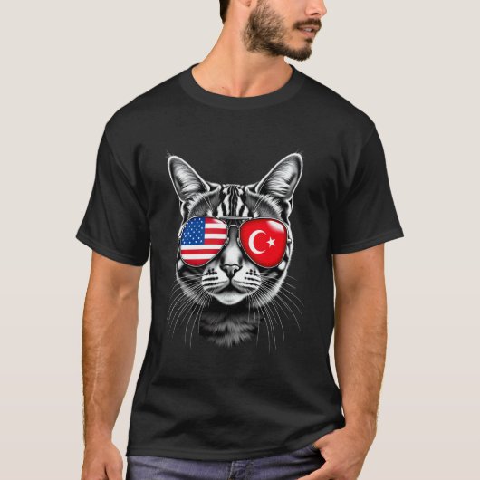 猫のサングラスデザイン 七面鳥 USA フラッグ Tシャツ (正面)