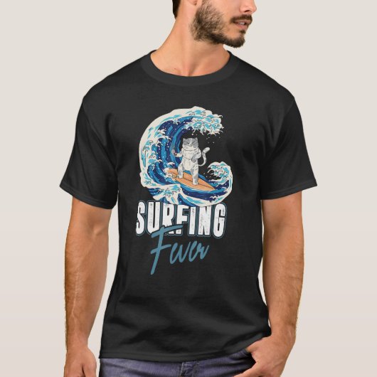 猫のサーフィン熱 海岸 サーフボード サーファー Tシャツ (正面)