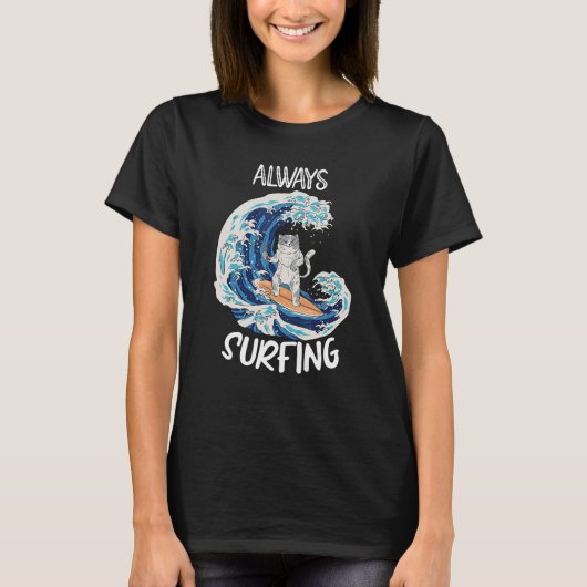 猫のサーフィン サーフボード サーファー Tシャツ (正面)