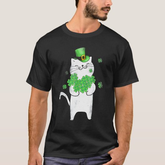 猫のシャムロック 聖パトリックの日の猫の妖精 Tシャツ (正面)
