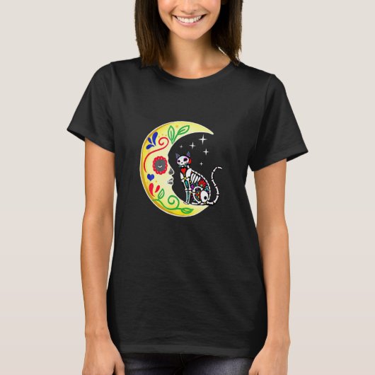 猫のシュガースカル メキシコ カラベラ 月 ハロウィン Tシャツ (正面)