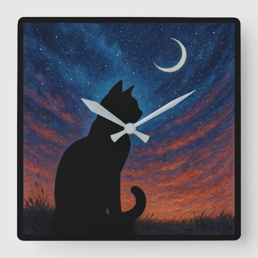 猫のシルエット - 三日月の夜空 スクエア壁時計 (正面)