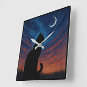猫のシルエット - 三日月の夜空 スクエア壁時計 (傾斜)