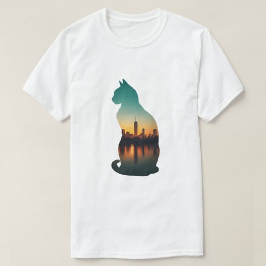 猫のシルエット 都市の夕焼け Tシャツ (デザイン正面)