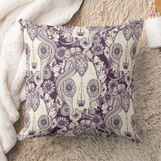 猫のスカルのダマスク織の紫色 クッション (ブランケット)