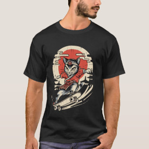 猫のスケートボード ビンテージ 日本の浮世絵アート Tシャツ