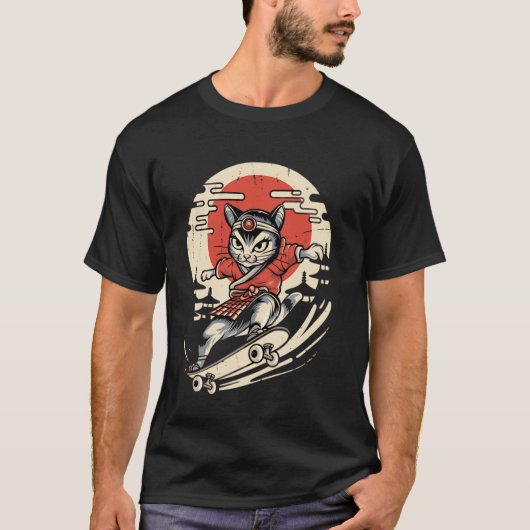 猫のスケートボード ビンテージ 日本の浮世絵アート Tシャツ (正面)