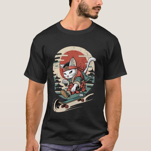 猫のスケートボード ヴィンテージ 日本の浮世絵アート Tシャツ (正面)
