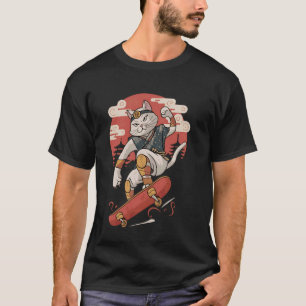 猫のスケートボード ヴィンテージ 日本の浮世絵アート Tシャツ