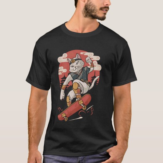 猫のスケートボード ヴィンテージ 日本の浮世絵アート Tシャツ (正面)