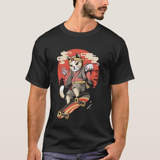 猫のスケートボード 古典的な浮世絵アート Tシャツ (正面)
