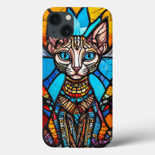 猫のステンドグラス 虹色 ユニークなデザイン iPhone 13ケース