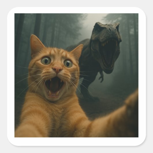 猫のセルフィーとティラノサウルス コメディーアニマル スクエアシール (正面)