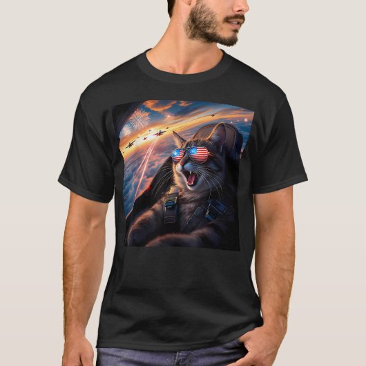 猫のセルフィージェット機 Tシャツ (正面)