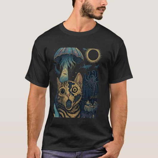 猫のセルフィー 割れた顔 クラゲ UFO 宇宙飛行士 Tシャツ (正面)