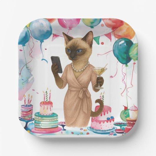 猫のセルフィー 誕生日パーティー  ペーパープレート (正面)