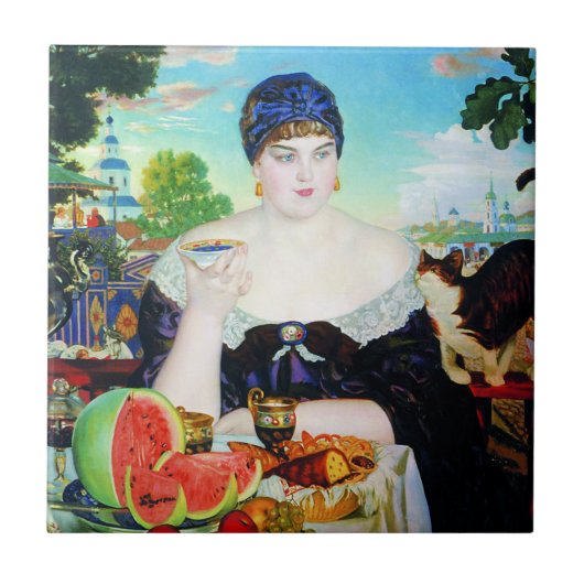 猫のタイルを持つDrinking Tea女性 タイル (正面)