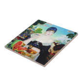 猫のタイルを持つDrinking Tea女性 タイル (側面)