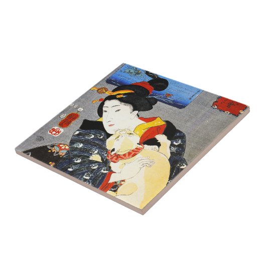 猫のタイルを持つKuniyoshiの女性 タイル (側面)