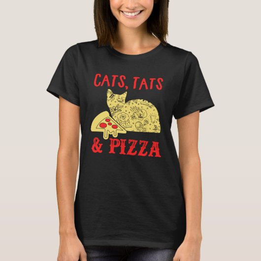 猫のタトゥーとピザのグラフィックスプラスサイズ Tシャツ (正面)