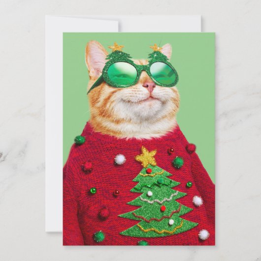 猫のダサいクリスマススウェッター 招待状 (正面)