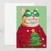 猫のダサいクリスマススウェッター 招待状 (正面/裏面)