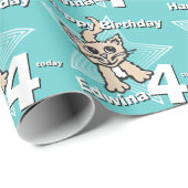 猫のティール(緑がかった色)はあなたの年齢および名前の誕生日の覆いを加えます ラッピングペーパー (ロールコーナー)