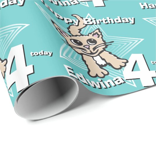 猫のティール(緑がかった色)はあなたの年齢および名前の誕生日の覆いを加えます ラッピングペーパー (ロールコーナー)