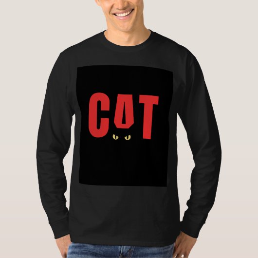 猫のデザインの黒いフル袖Tシャツ Tシャツ (正面)
