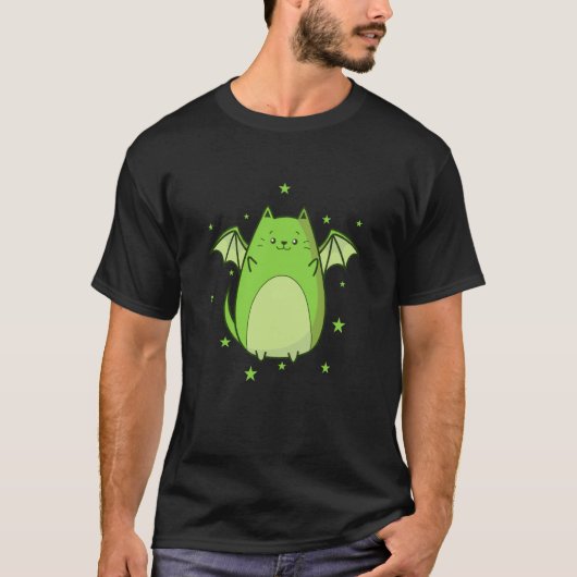 猫のドラゴン コウモリのファンタジー 妖精の物語 Tシャツ (正面)