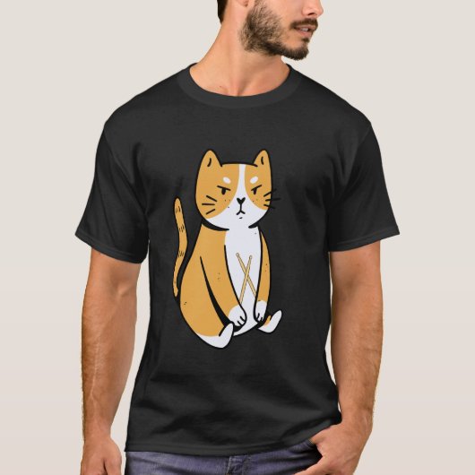 猫のドラマー 楽器演奏 面白い動物 音楽家 Tシャツ (正面)