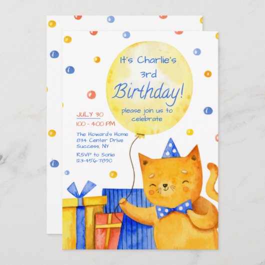 猫のニャウ誕生日パーティー 招待状 (正面/裏面)