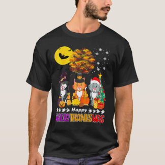 猫のハッピー ハロウィン+サンクスギビング クリスマス Tシャツ
