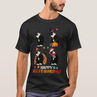 猫のハロウィンとメリークリスマス ハッピー ハロサンキュー Tシャツ
