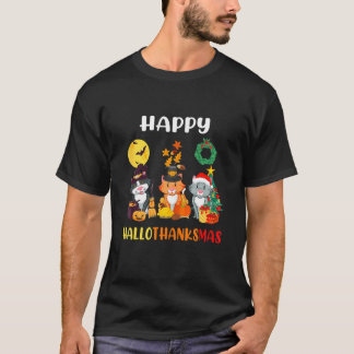 猫のハロウィン クリスマス ハッピー ハロサンクスギビング Tシャツ