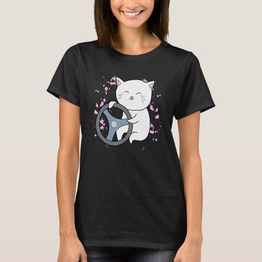 猫のハンドル運転 Tシャツ (正面)