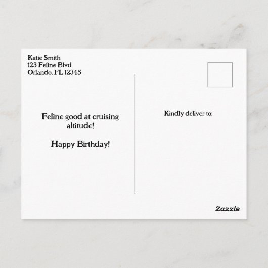 猫のパイロットと飛行機の航空ペット 面白い誕生日 ポストカード (裏面)