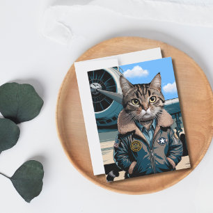 猫のパイロットと飛行機の航空ペット 面白い誕生日 ポストカード