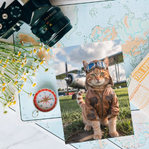 猫のパイロットと飛行機、かっこいい航空関係の誕生日 カード