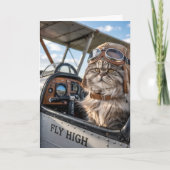 猫のパイロットと飛行機、かっこいい航空関係の誕生日 カード (正面)