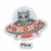 猫のパイロットとUFO宇宙船、クールな宇宙、面白い シール (正面)